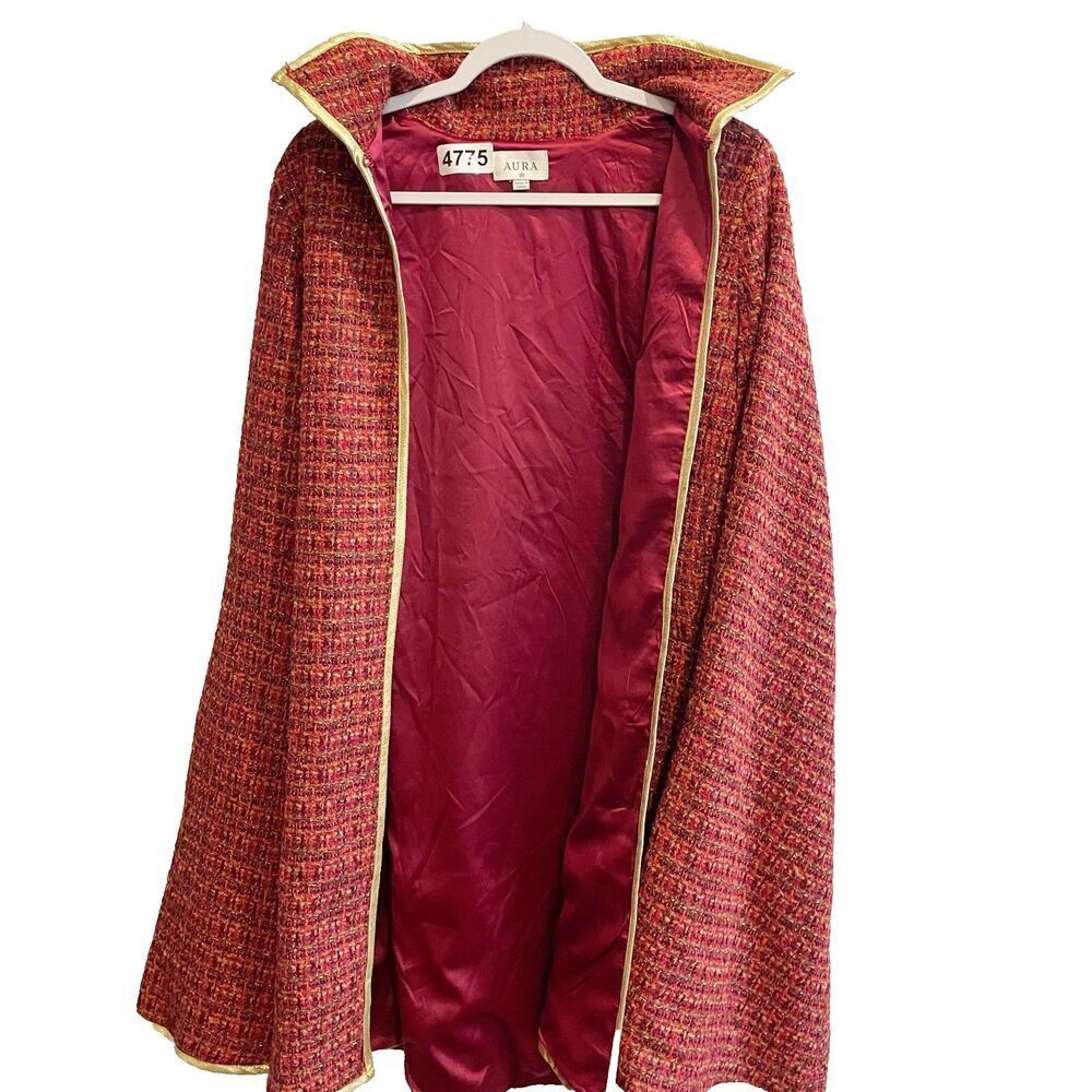 Aura Womens Red Cape Blazer Jacket Size XS Tweed Open Front Lined Gold Trim Tie
